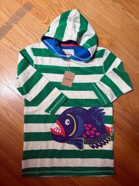 Mini Boden Green & White Striped Hooded swim coverup with Colorful Fish Applique